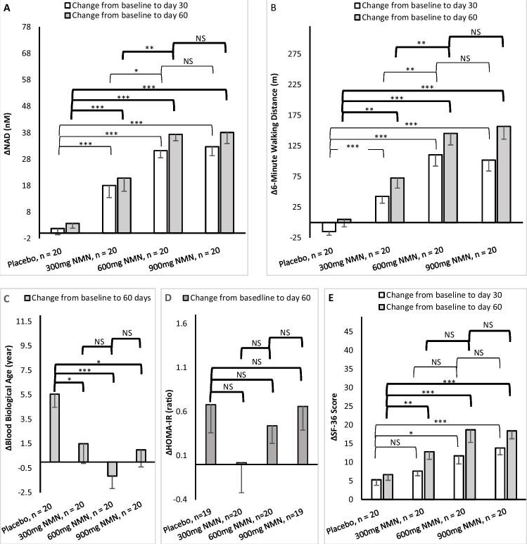 安慰剂组和三个NMN治疗组60天疗效变化